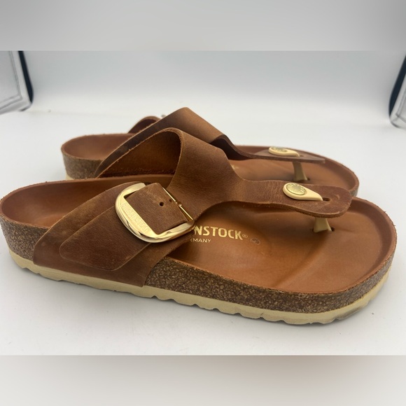 Birkenstock Gizeh Womens Size 8 Cognac Leather Big Buckle Sandals EU 39 NEW - Picture 13 of 14